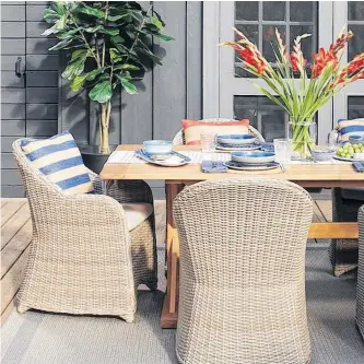  ?? HOMESENSE ?? Comfy chairs, cushions and the right sized table make for successful outdoor entertaini­ng.