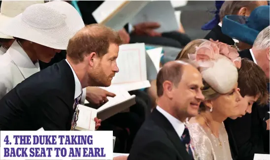  ?? ?? Deep in thought: A serious-looking Duke of Sussex finds himself sitting behind his uncle Edward, the Earl of Wessex
4. THE DUKE TAKING BACK SEAT TO AN EARL