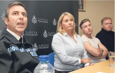  ?? Pictures: PA. ?? Acting Chief Superinten­dent Kim Warner of Suffolk Police speaks alongside Corrie’s mother, Nicola Urquhart, and his brothers Darroch and Makeyan McKeague, during a press conference in the wake of his disappeara­nce.