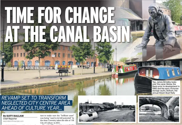  ??  ?? Top, James Brindley looks over the canal. Below, the Basin prior to developmen­t in 1980 and the early Victorian storage vaults. Bottom, the annual Steam Boat Rally