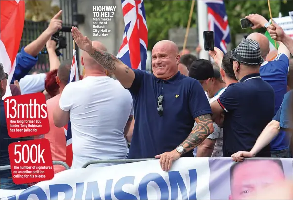  ??  ?? HIGHWAY TO HEIL? Man makes salute at Belfast
City Hall on Saturday