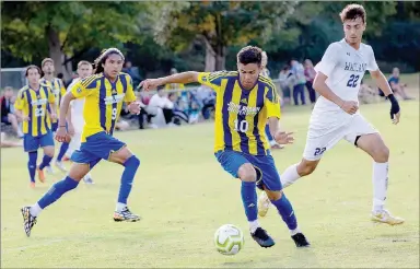  ?? Photo courtesy of JBU Sports Informatio­n ?? Freshman Oscar Carballo takes a touch during last Saturday’s game against Wayland Baptist at Alumni Field.