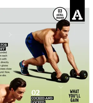  ??  ?? 01 BRACE FOR TAKE OFF
With a grounded dumbbell in each hand, begin with your heels directly below your glutes and your knees close to the ground. Now, tense those abs.