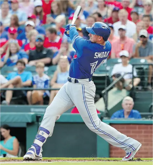  ?? TOM PENNINGTON / GETTY IMAGES ?? Justin Smoak has been of the few bright lights for the Blue Jays so far this season.