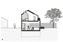  ??  ?? Section drawings show a) from the south, the house’s relationsh­ip with the laneway to the west and property to the east, and b) the split-level design, where floors are lifted or lowered for maximum ceiling height.