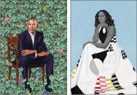  ??  ?? In an image provided by Kehinde Wiley, former President Barack Obama’s official portrait for the National Portrait Gallery collection, painted by Kehinde Wiley. In an image provided by Amy Sherald, former first lady Michelle Obama’s official portrait...