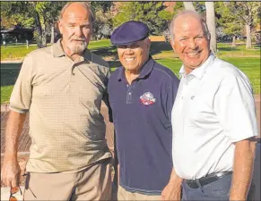  ?? Brady Exber ?? Dodgers base-stealing great Maury Wills, center, is flanked in 2020 by Las Vegans Brady Exber, right, and Duke Sims, a Dodgers teammate.