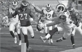  ?? MARK J. TERRILL, THE ASSOCIATED PRESS ?? Rams running back Todd Gurley comes up short on a dive for a touchdown in Los Angeles against Philadelph­ia. The Eagles won the contest, 43-35.