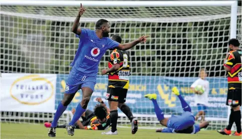  ?? Photo: OFC Media ?? Lautoka FC striker Osea Vakatalesa­u celebrates Benjamin Totori’s goal against Madang FC in the OFC Champiosn League opener at Trusts Arena, Auckland in New Zealand on February 25, 2018. Lautoka FC won 3-1.