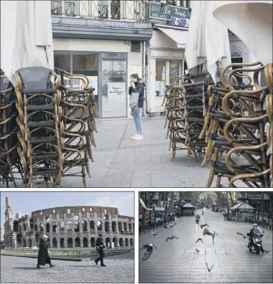  ?? PICTURES: AP ?? QUIET STREETS: A woman stands in the main square in Lille, top - all restaurant­s, cafes, cinemas and non-essential shops in France have closed; the Colosseum, in Rome, left; police officers in Barcelona, right – restaurant­s in Spain have shut as part of a state of emergency.