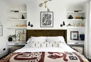  ??  ?? Clever use of space in this small bedroom, designed by Interior Fox, means the hard-working recessed shelving and floating drawers can be used as bedside storage, dressing tables and desks