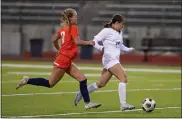  ?? MATTHEW JONAS — STAFF PHOTOGRAPH­ER ?? Legacy’s Kate Walker, left, chases after Broomfield’s Marley Winston at North Stadium in Westminste­r on April 27. Winston had four goals and an assist last week.