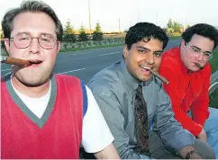  ?? POSTMEDIA FILE PHOTOS ?? Top: A teenage Ezra Levant shows off his martial arts skills in 1989 in Calgary. Above left: Levant, who was communicat­ions director for Reform Party leader Preston Manning, is joined by Jason Kenney and Rahim Jaffer for an old-fashioned Alberta barbecue in Ottawa in 1998. Above right: Jaffer, then a Reform MP, celebrates a 1997 election victory with executive assistant Matthew Johnston (left) and Levant.