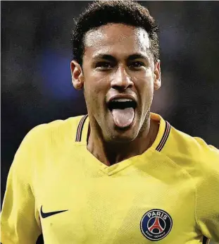  ?? Emmanuel Dunand/AFP ?? Neymar festeja seu tento na vitória do Paris Saint-Germain sobre o Anderlecht, na Bélgica, pela Liga dos Campeões; equipe francesa está mais perto das oitavas