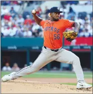  ?? Associated Press ?? To the plate: Houston Astros pitcher Ronel Blanco delivers in the second inning of a baseball game against the Texas Rangers Sunday in Arlington, Texas.