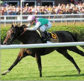  ?? PHOTO PROVIDED BY SPENCER TULIS ?? Flintshire, with Javier Castellano up, romps to a win in the Sword Dancer on Travers Day Saturday at Saratoga Race Course.