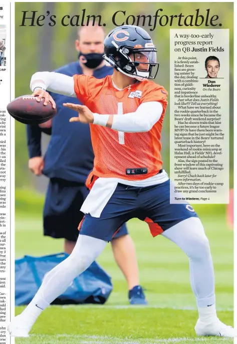  ?? JOHN J. KIM/CHICAGO TRIBUNE ?? Justin Fields throws a pass Saturday during the Bears’ rookie minicamp at Halas Hall in Lake Forest.