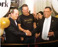  ?? (Tzipporah Lifshitz) ?? NIR BARKAT, Benji Singer of WeWork and new Jerusalem Mayor Moshe Lion attend the opening of WeWork.