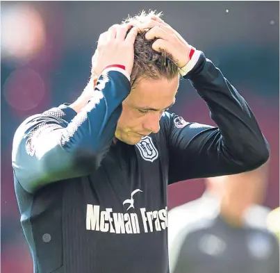  ?? SNS Group. Pictures: ?? Clockwise, from above: Dundee’s Scott Allan at the end of Saturday’s 2-1 defeat at Aberdeen, the Dark Blues’ third loss in a row; Michael O’Halloran, point to prove at St Johnstone?; Andy Ryan, who is expected to spearhead Dunfermlin­e’s challenge in...