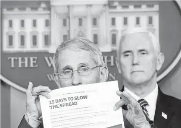  ?? ERIN SCHAFF/THE NEW YORK TIMES ?? Dr. Anthony Fauci displays guidelines to slow the spread of the virus at a news conference Friday at the White House.