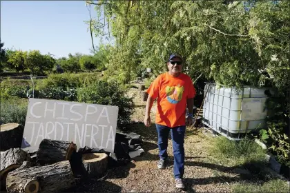  ?? ROSS D. FRANKLIN — THE ASSOCIATED PRESS ?? Masavi Perea, organizing director for Chispa Arizona, walks along the pathway of the community garden May 18, 2022, in Phoenix.