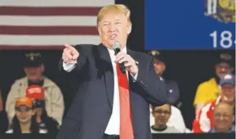  ?? Nam Y. Huh, Associated Press file ?? Republican presidenti­al candidate Donald Trump points as he speaks during a campaign rally on March 30, 2016, in Appleton, Wis.