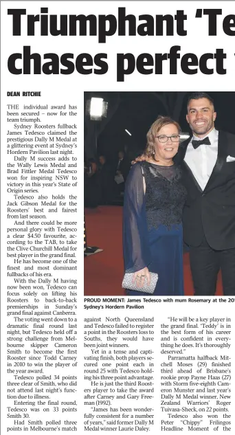  ?? Picture: David J. Phillip ?? GOLDEN GIRL: Kelsey-lee Barber celebrates after winning javelin gold at the World Athletics Championsh­ips. INSET: Barber throwing for gold. PROUD MOMENT: James Tedesco with mum Rosemary at the 2019 Dally M Awards last night at Sydney’s Hordern Pavilion