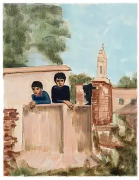  ?? ?? Matthew Krishanu, Two Boys (Church Tower), 2020, oil on canvas, 45 × 35 cm. Photo: Peter Mallet. © the artist