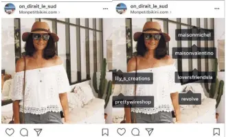  ?? (Captures d’écran) ?? À gauche, la photo postée sur Instagram. À droite, quand on tape sur la photo, toutes les marques « taguées » par Claire apparaisse­nt.