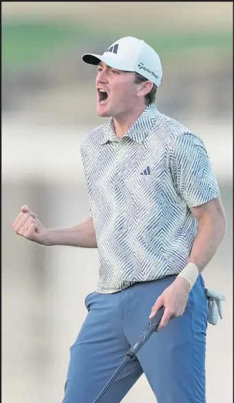  ?? Picture: AP PHOTO ?? Nick Dunlap reacts after making his putt on the 18th hole of the Pete Dye Stadium Course during the final round to win the American Express golf tournament in La Quinta, California.