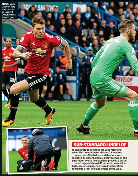  ??  ?? MESS: Victor Lindelof (left) watches on as Laurent Depoitre nets second goal