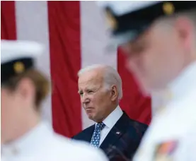  ?? ?? President Joe Biden stands with Defense Secretary Lloyd Austin as the national anthem is played at the Memorial Amphitheat­er of Arlington National Cemetery in Arlington, Va., on Memorial Day, Monday, May 29, 2023. Photo: AP/Susan Walsh.