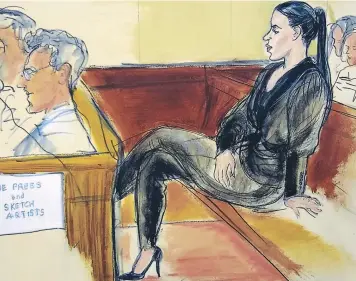  ?? FOTO: AGENCIA AP ?? Los dibujantes al servicio de la corte muestran un boceto donde Coronel presencia el juicio contra “El Chapo” Guzmán. La fémina no ha querido escuchar ni una sola palabra traducida en el proceso.