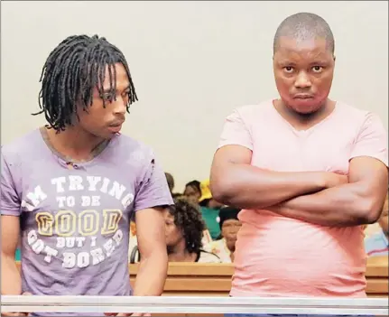  ?? Picture: ?? CHARGE: Seen here are John Swarts (left) and David Masilo, who are facing charges of murder and armed robbery following the death of Riaan “Lappies” Labuschagn­e at a local mine.
Danie van der Lith