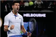  ?? ASANKA BRENDON RATNAYAKE — THE ASSOCIATED PRESS ?? Novak Djokovic reacts during his fourth round match against Adrian Mannarino at the Australian Open at Melbourne Park in Melbourne, Australia, Sunday.