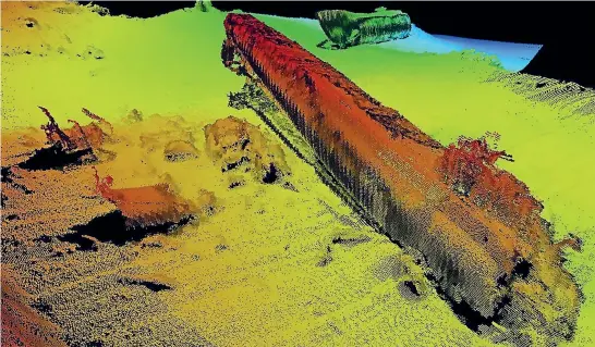  ?? ENVIRON. SCI. TECHNOL ?? Mercury leaking from a German submarine wrecked in World War II off Norway, shown here in a sonar image, is to be covered with rubble.