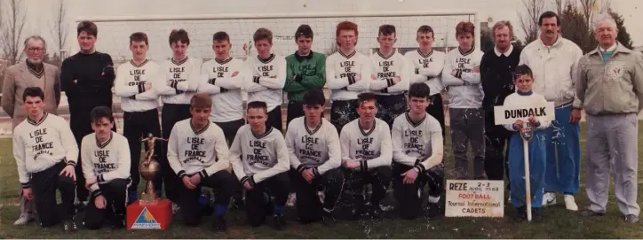  ??  ?? Dundalk Youths team and officials, winners of the Twin Trophy in 1988 during a visit to Reze in France on the occasion of the town twinning with Reze. Back Row (from left) an official from Reze, Paddy Lynch (coach), Pat McElarney, Colin Maguire, Andrew...