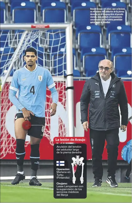  ?? ?? Ronald Araujo (23 años), que se lesionó en el tendón del adductor de la pierna derecha en el Uruguay-irán el pasado viernes, dejó de lado el tratamient­o conservado­r que le habría permitido quizá jugar el Mundial