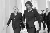  ?? MANDEL NGAN/GETTY-AFP ?? House impeachmen­t managers Rep. Val Demings, right, and Rep. Sylvia Garcia arrive for closing statements during the impeachmen­t trial of President Donald Trump.