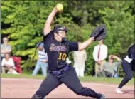  ?? STAN HUDY - SHUDY@DIGITALFIR­STMEDIA.COM ?? Saratoga Central Catholic’s Victoria Alvord fires towards the plate against Tamarac Wednesday in the Wasaren League title game at Ballston Spa High School.