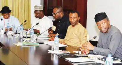  ??  ?? From left: Special Adviser to the President on Niger Delta Affairs/Coordinato­r Presidenti­al Amnesty Programme, retired Brig.-Gen. Paul Boroh; Minister of State for Environmen­t, Usman Jibril; Minister of State for Petroleum, Dr Ibe Kachikwu; Minister of...