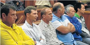  ?? Pictures: EUGENE COETZEE ?? CO-ACCUSED: Perlemoen co-accused, from left, Jacob Naumann, Frederick Nance, Petrus Smit, William Nance, Zhenyong Haung and Kekun Pan in court