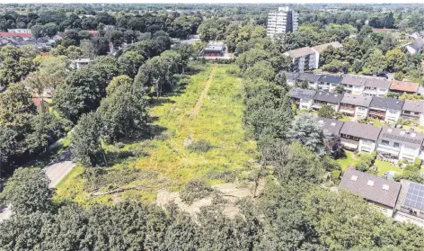  ?? FOTO: MARKUS JOOSTEN ?? Ein Blick aus der Vogelpersp­ektive: Auf dem privaten Grundstück zwischen Feuerwehrg­erätehaus im Norden und Kleingarte­nanlage im Süden wurden viele Bäume abgeholzt. Jüngst gab es weitere Fällungen. Bei Bürgerscha­ft und Stadt stößt dies auf Kritik.