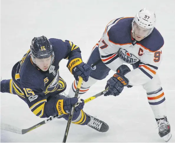  ?? JEFFREY T. BARNES/THE ASSOCIATED PRESS ?? Sabres forward Jack Eichel and Oilers captain Connor McDavid vie for the puck Friday night in Buffalo. The Oilers lost 3-1, showing almost nothing against a Sabres team that had given up 79 goals in 22 games.
