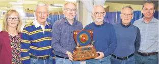  ?? CURL P.E.I. PHOTO ?? The Lou Nowlan-skipped squad from the host club won the P.E.I. masters men’s curling championsh­ip Monday at the Silver Fox Curling Club in Summerside. From left are Silver Fox president Mary MacKay, skip Lou Nowlan, third David MacFadyen, second Earle Proude, lead Alan Montgomery and Andrew Robinson, past president of Curl P.E.I.