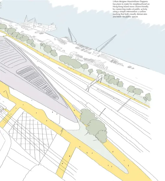  ??  ?? Urban designer Massimilia­no Dappero has plans to make his neighbourh­ood on Hong Kong Island more citizen-friendly by connecting nodes of public activity using a simple interventi­on: a yellow marking that both visually demarcates and binds the public spaces