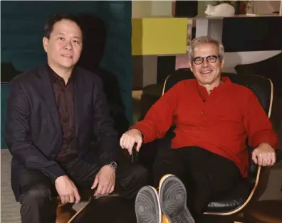  ??  ?? President Fred Yuson of CWC Interiors is seated on an Eames Walnut stool and Eames Demetrios on the Eames Lounge chair and Ottoman by Charles and Ray Eames