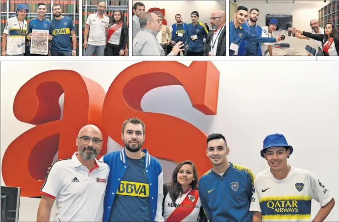  ??  ?? VISITA.Miembros de las peñas de River y Boca en Madrid visitaron ayer la redacción de As y debatieron cordialmen­te sobre la final y sus experienci­as en la previa.