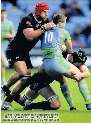  ??  ?? James Haskell in action against Newcastle during their Anglo-Welsh Cup clash. Right, Jack Willis of Wasps celebrates scoring an early try with Tom Willis