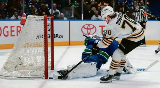  ?? DARRYL DYCK/THE CANADIAN PRESS VIA AP ?? Jesper Boqvist beat Canucks goalie Thatcher Demko for his third goal of the year and a 1-0 Bruins’ lead in the second period.